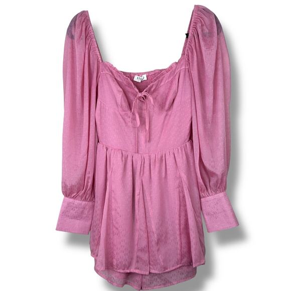 Storia Adorable Perfection Pink Balloon Sleeve Sweetheart Woven Bustier Romper - Picture 3 of 10